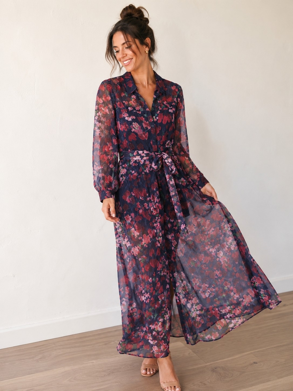 julia jordan Navy Floral Sheer Long Sleeve Maxi Dress with Belt